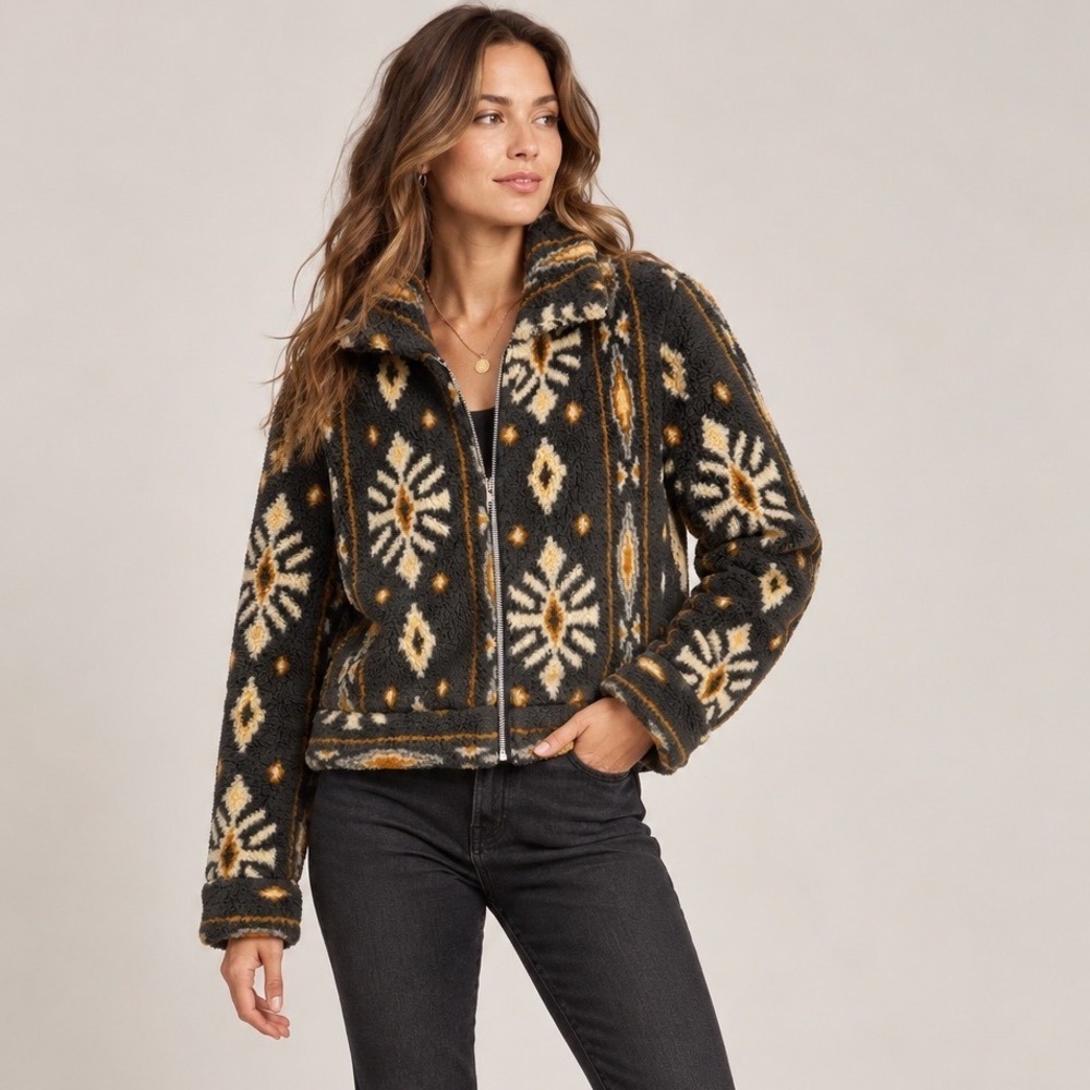 Band of Gypsies Fleece Jacket Womens XS Gray Tribal Sherpa Full Zip Coat
